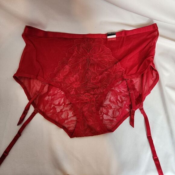 6X 30W Torrid Red Shimmer Lace Mid Rise Brief Removeable Garter Panty Lingerie - Picture 5 of 9